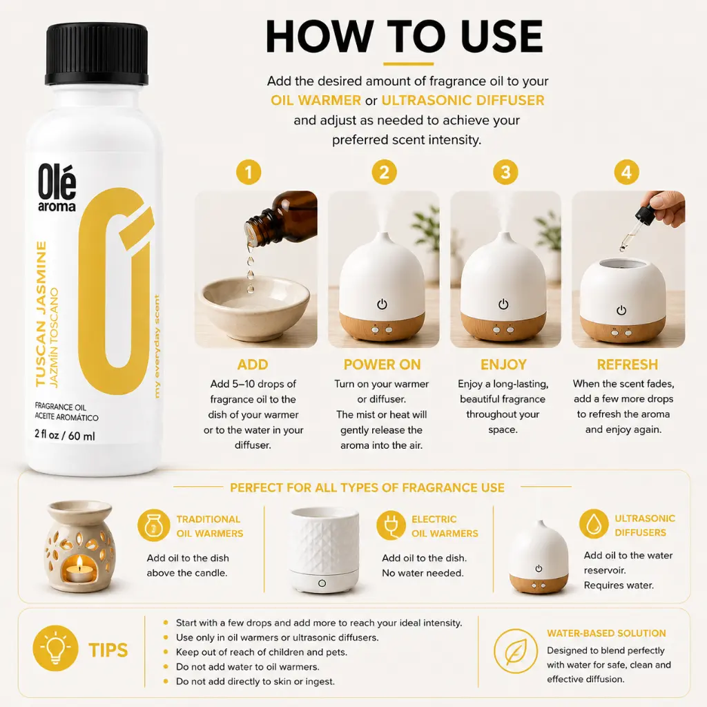 How to use Ole Aroma Tuscan Jasmine 2 oz fragrance oil with oil warmers and ultrasonic diffusers