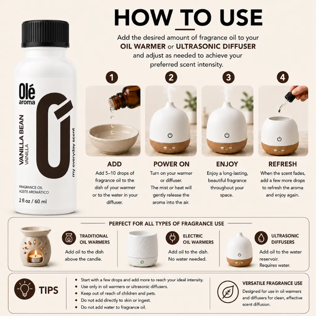 How to use Ole Aroma Vanilla Bean 2 oz fragrance oil with oil warmers and ultrasonic diffusers