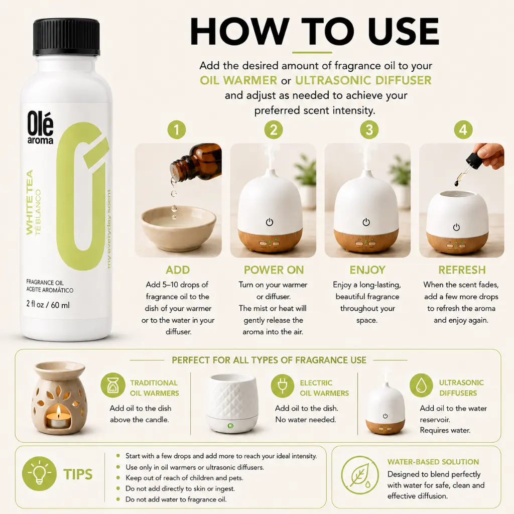How to use Ole Aroma White Tea 2 oz fragrance oil with oil warmers and ultrasonic diffusers
