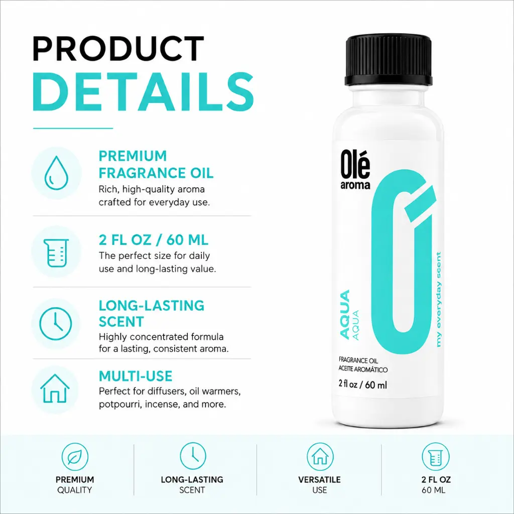 1. Ole Aroma Aqua 2 oz fragrance oil product details and multi-use home fragrance applications