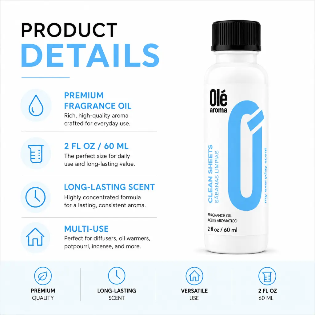 Ole Aroma Clean Sheets 2 oz fragrance oil product details and multi-use home fragrance applications