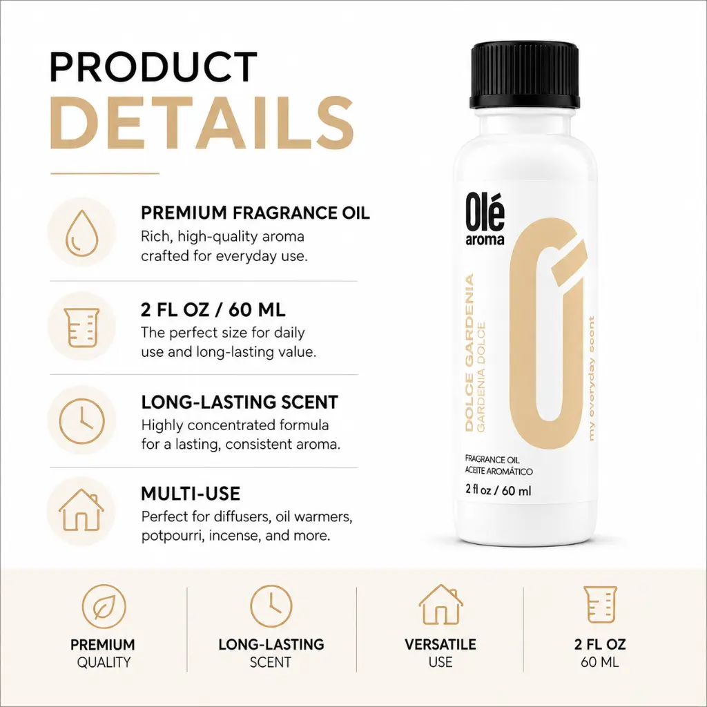 Ole Aroma Dolce Gardenia 2 oz fragrance oil product details and multi-use home fragrance applications