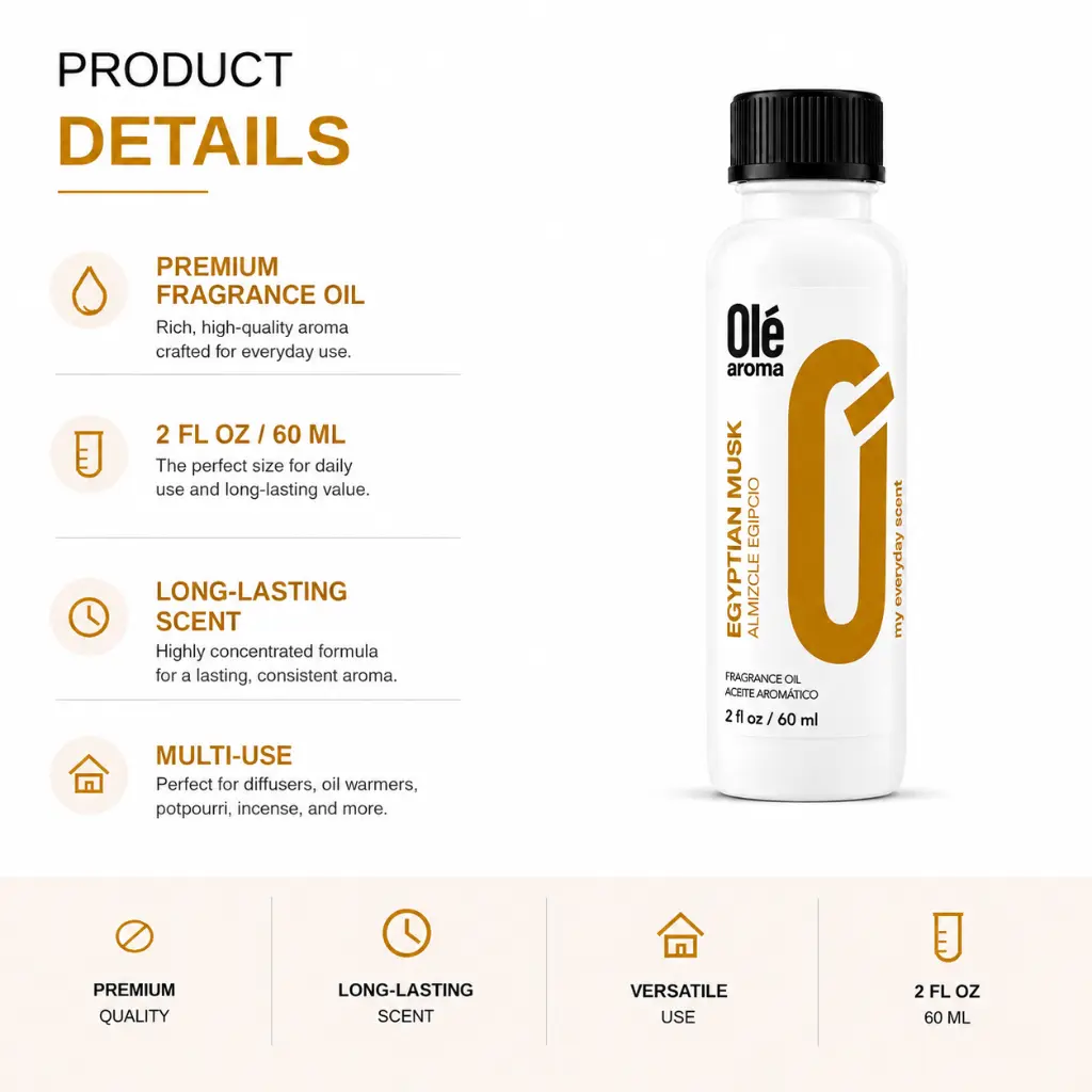 Ole Aroma Egyptian Musk 2 oz fragrance oil product details and multi-use home fragrance applications