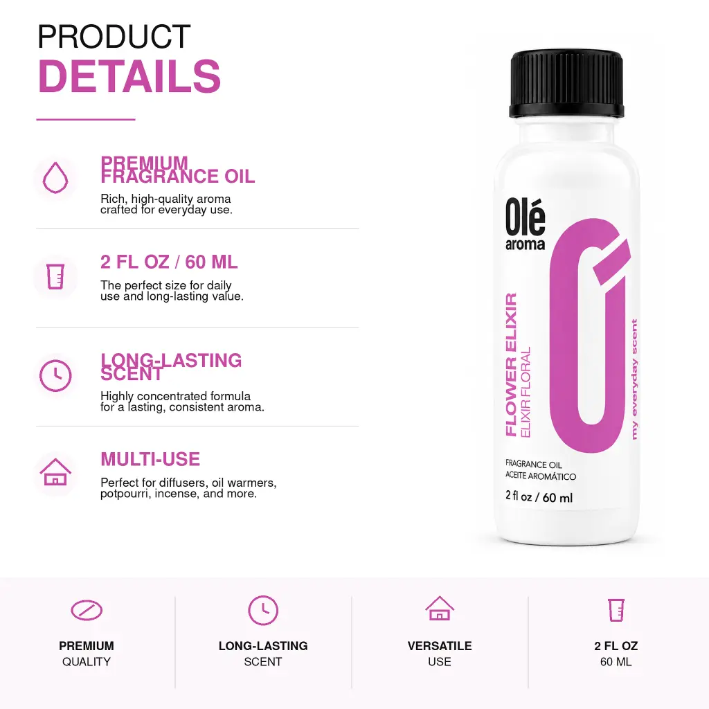 Ole Aroma Flower Elixir 2 oz fragrance oil product details and multi-use home fragrance applications