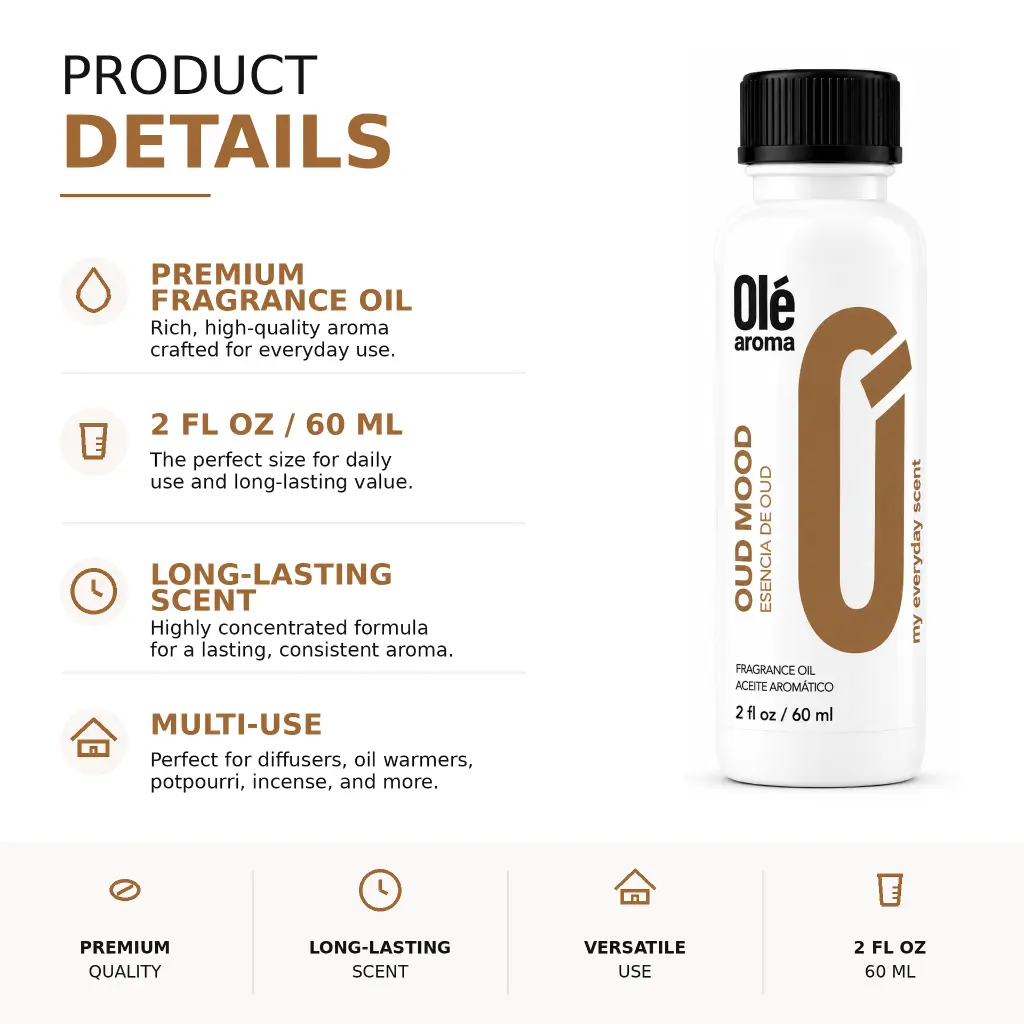 Ole Aroma Oud Mood 2 oz fragrance oil product details and multi-use home fragrance applications