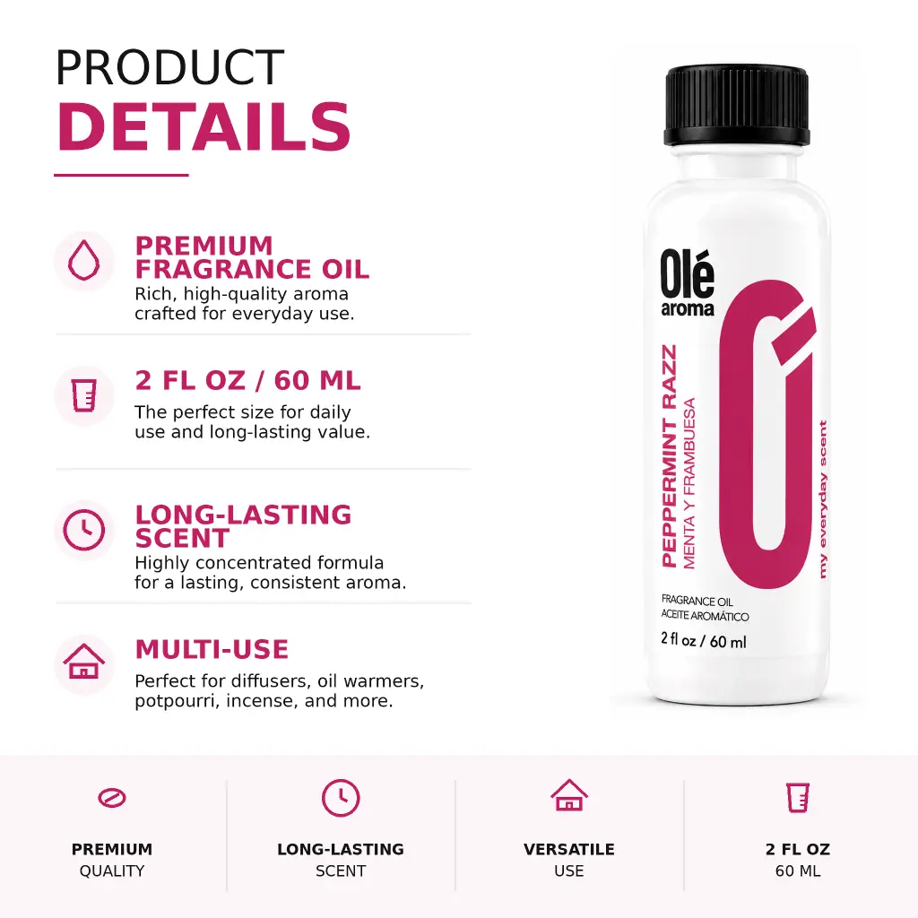 Ole Aroma Peppermint Razz 2 oz fragrance oil product details and multi-use home fragrance applications