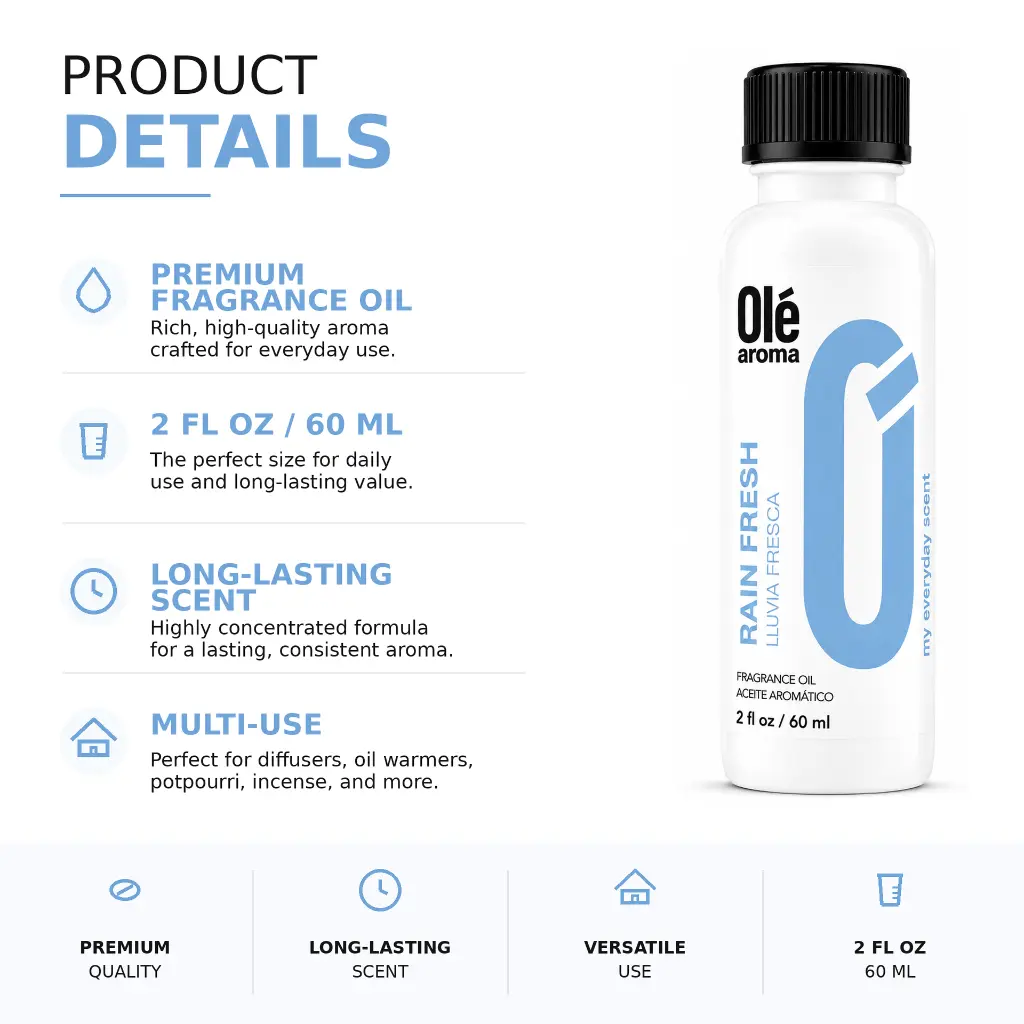 Ole Aroma Rain Fresh 2 oz fragrance oil product details and multi-use home fragrance applications