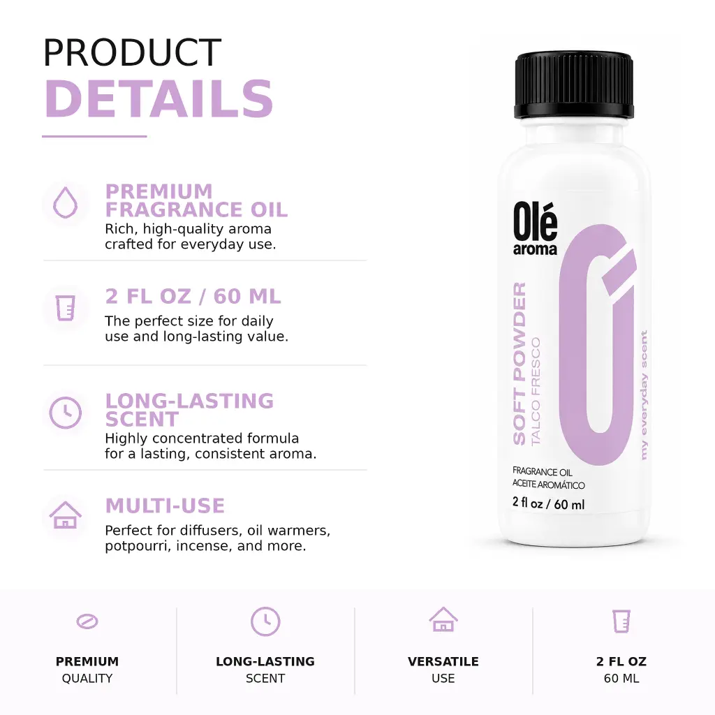 Ole Aroma Soft Powder 2 oz fragrance oil product details and multi-use home fragrance applications
