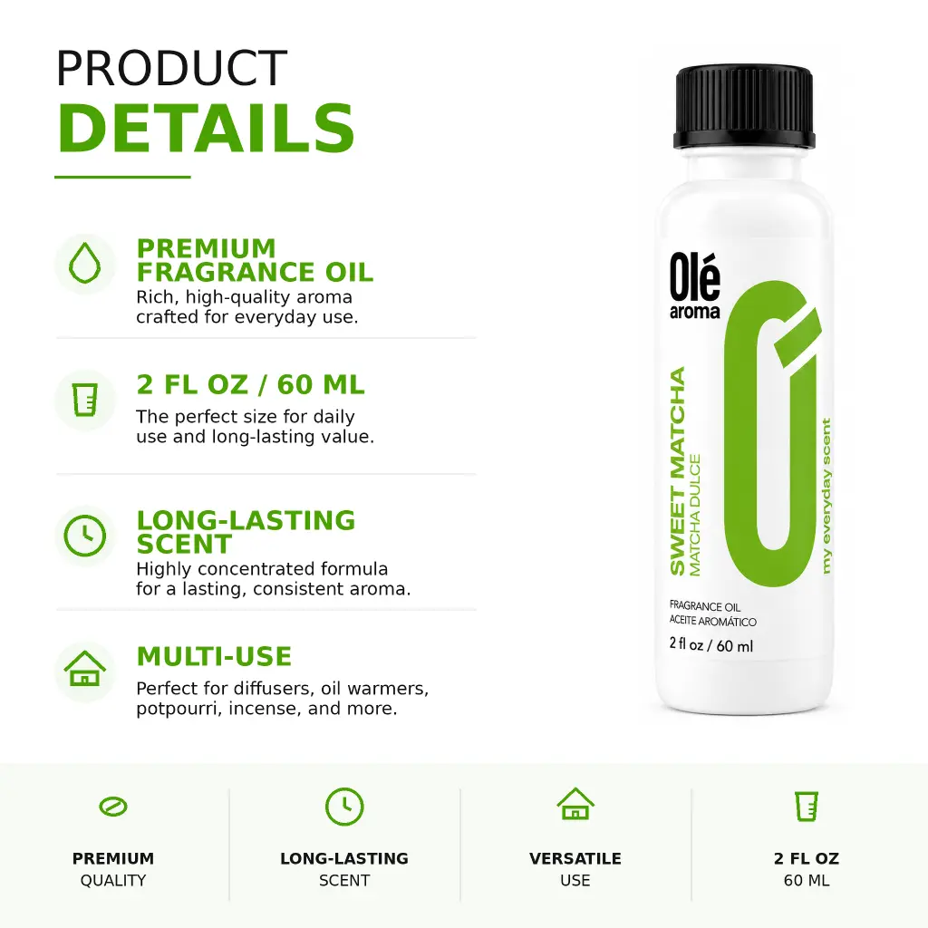 Ole Aroma Sweet Matcha 2 oz fragrance oil product details and multi-use home fragrance applications