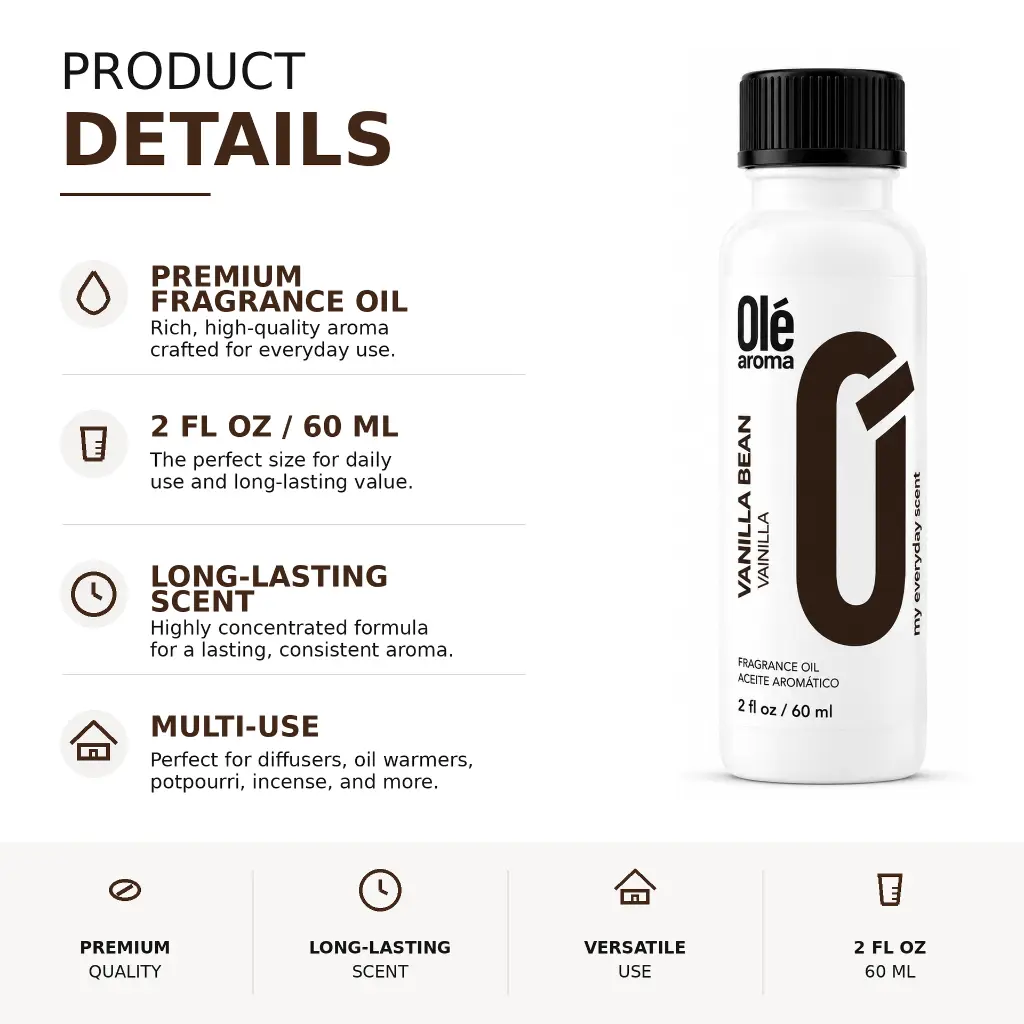 Ole Aroma Vanilla Bean 2 oz fragrance oil product details and multi-use home fragrance applications
