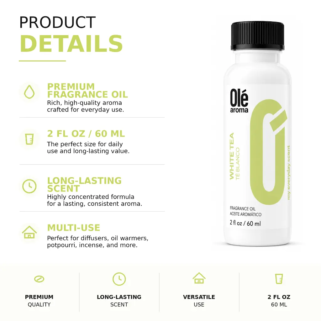 Ole Aroma White Tea 2 oz fragrance oil product details and multi-use home fragrance applications