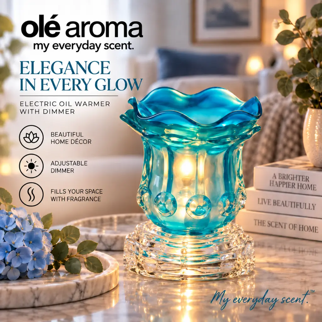 Ole Aroma Rose Blue electric dimmer oil warmer displayed in a stylish home lifestyle setting