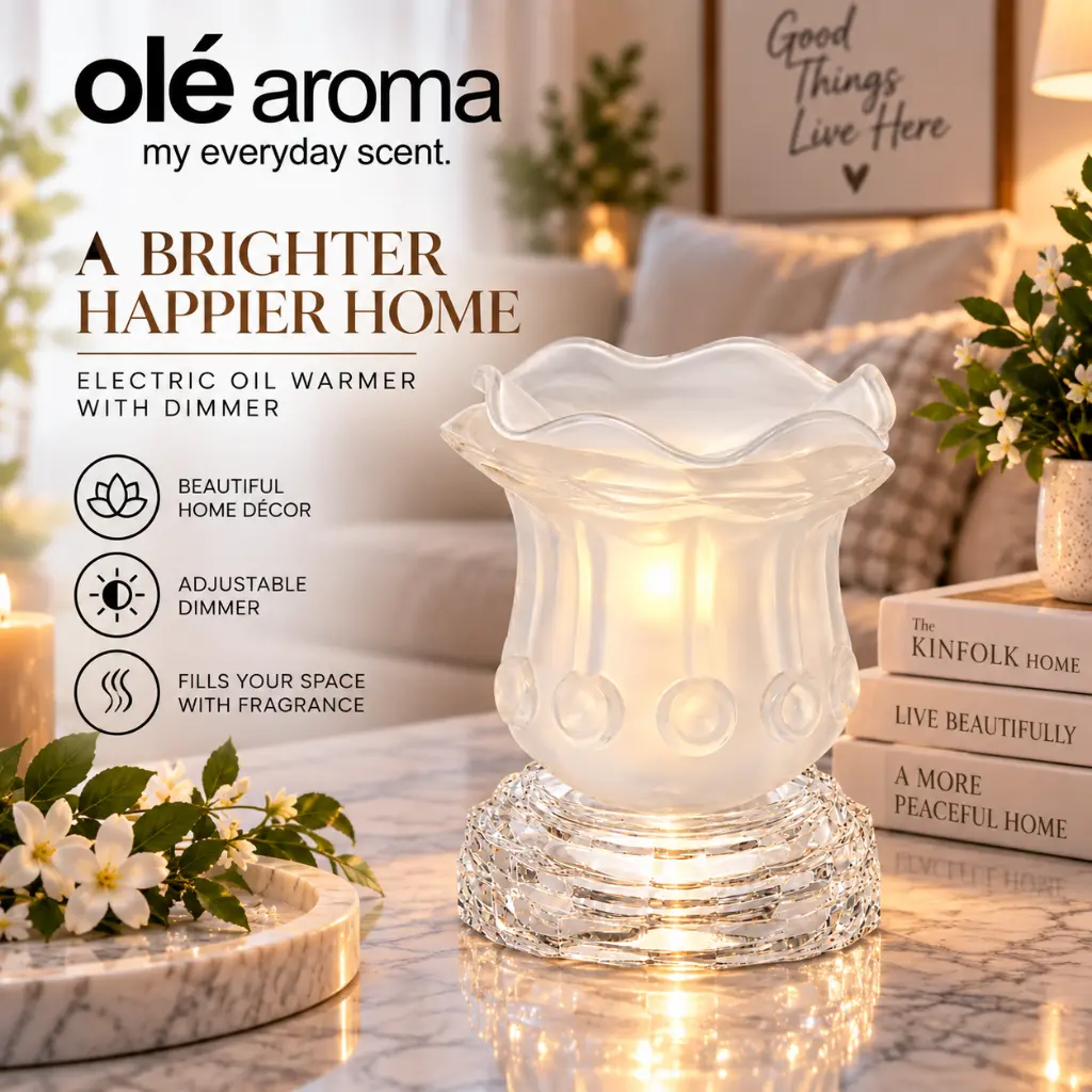 Ole Aroma Rose White electric dimmer oil warmer displayed in a bright elegant home lifestyle setting