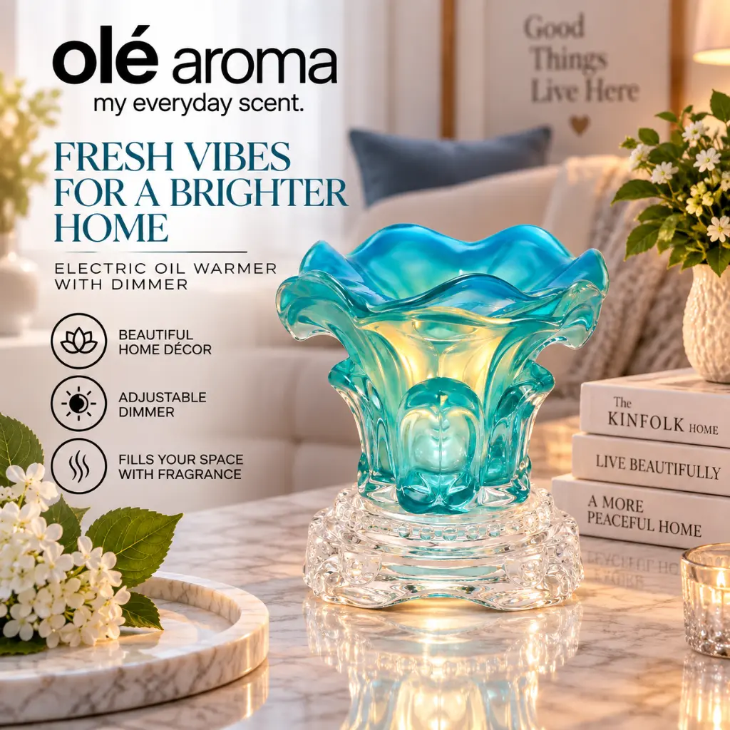Ole Aroma Lily Blue electric dimmer oil warmer displayed in a stylish home lifestyle setting
