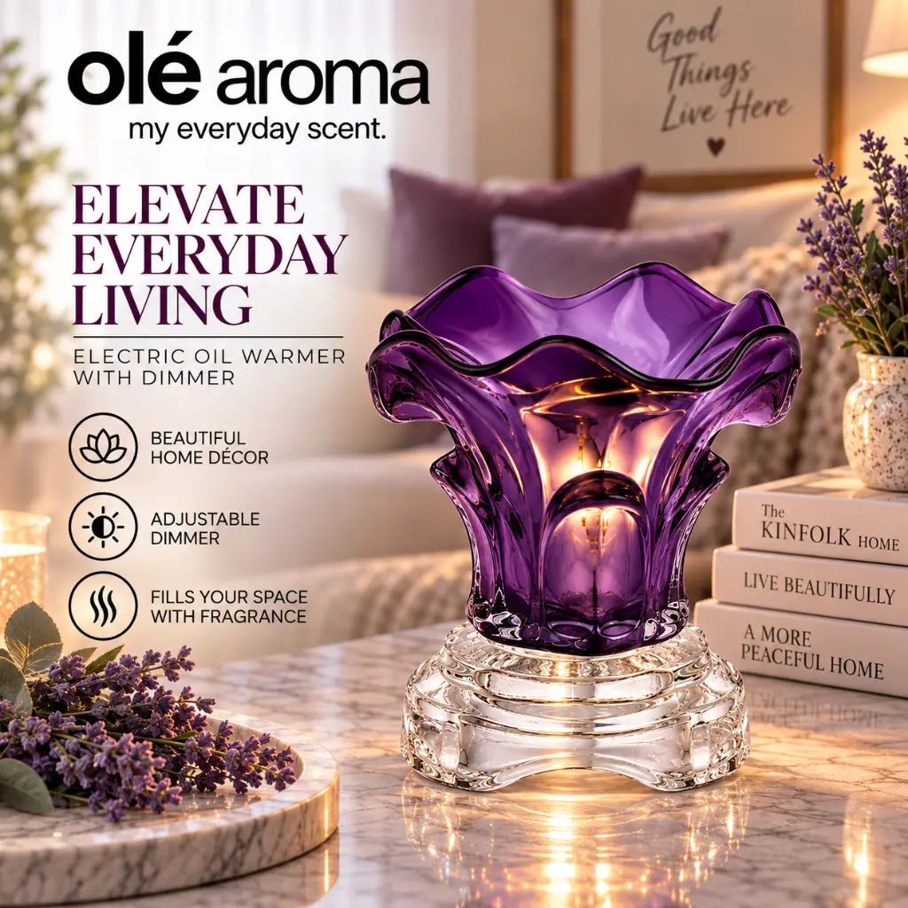 Ole Aroma Lily Purple electric dimmer oil warmer with retail-ready packaging and product specifications