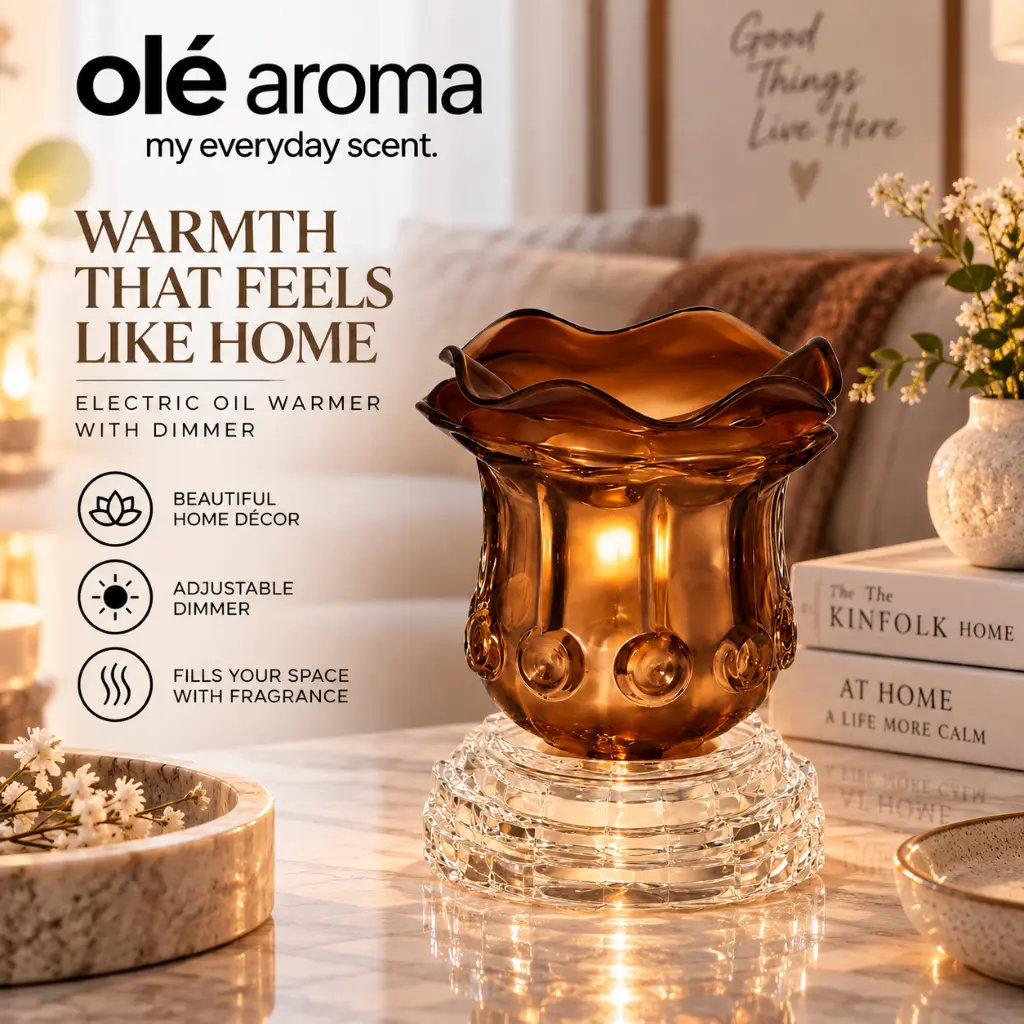 Ole Aroma Rose Brown electric dimmer oil warmer displayed in a warm elegant home lifestyle setting