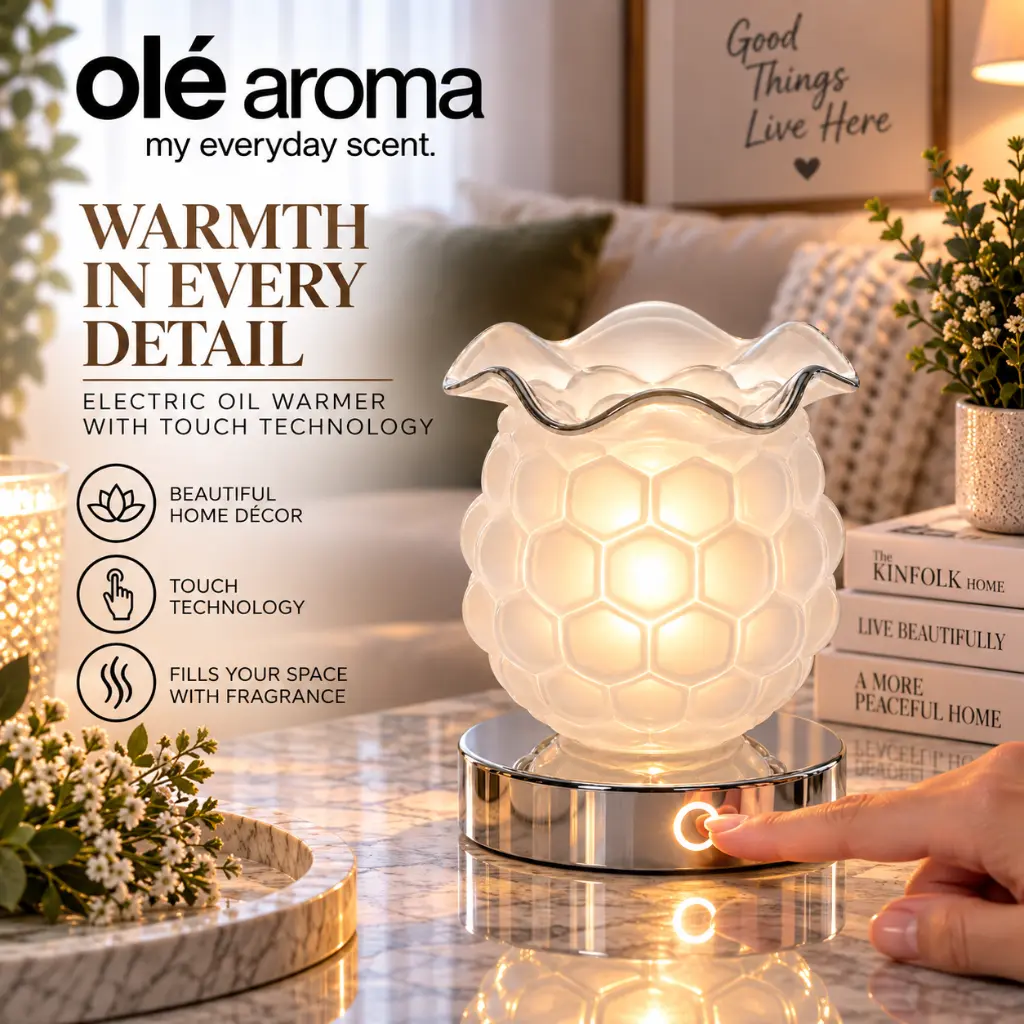 Ole Aroma Hive White electric touch oil warmer displayed in a bright modern home lifestyle setting