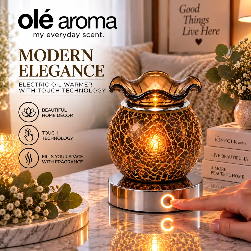 Ole Aroma Crackle Brown electric touch oil warmer displayed in a warm stylish home lifestyle setting