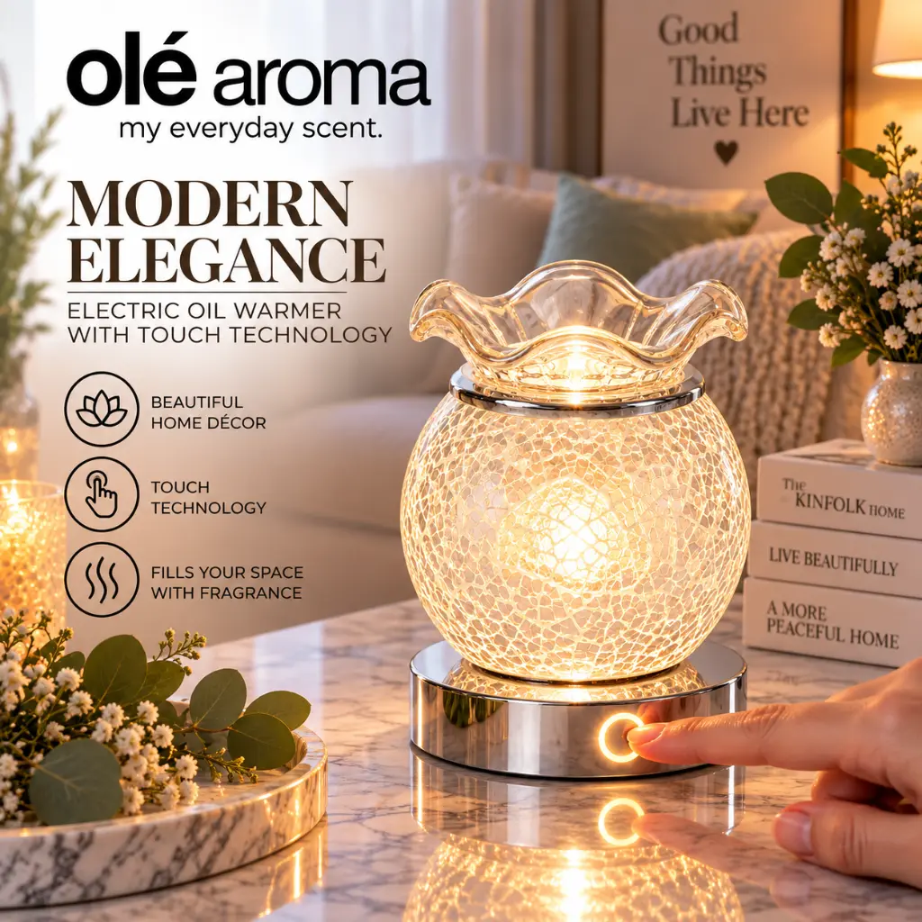 Ole Aroma Crackle White electric touch oil warmer displayed in a bright stylish home lifestyle setting