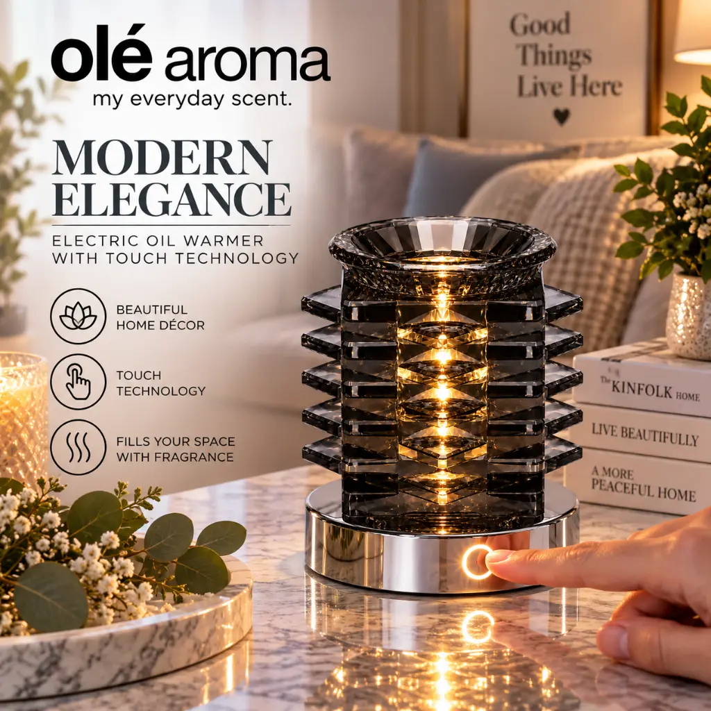Ole Aroma Nest Black electric touch oil warmer displayed in a sleek modern home lifestyle setting