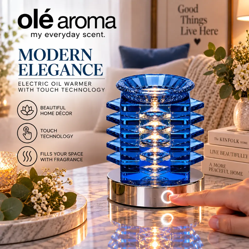 Ole Aroma Nest Blue electric touch oil warmer displayed in a stylish modern home lifestyle setting