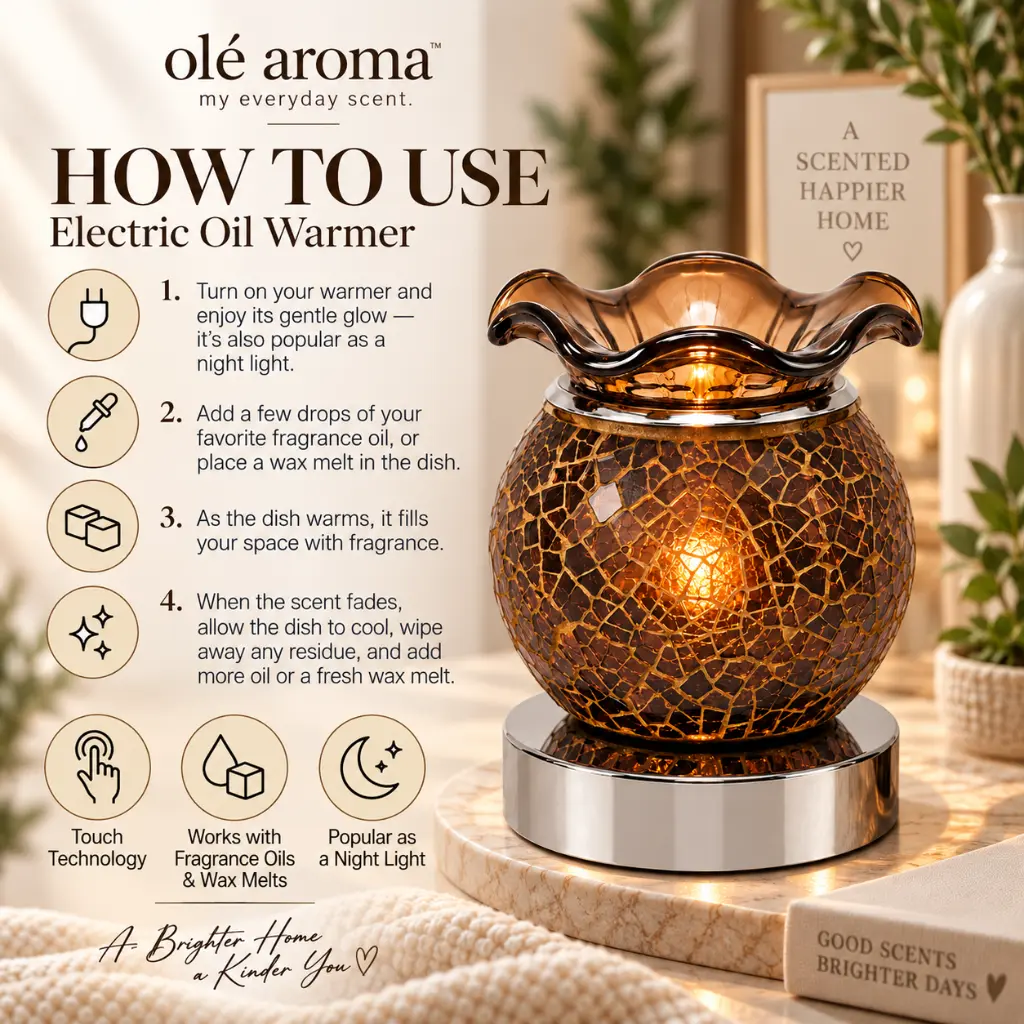 How to use Ole Aroma Crackle Brown electric touch oil warmer with fragrance oil