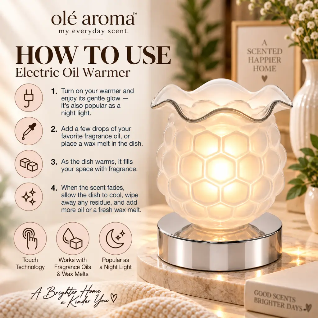 Ole Aroma Hive White electric touch oil warmer displayed in a bright modern home lifestyle setting