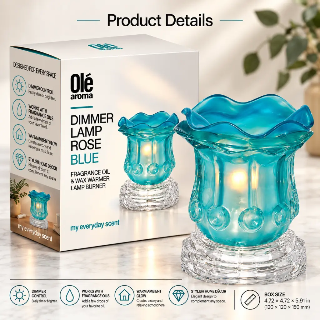 Ole Aroma Rose Blue electric dimmer oil warmer with retail-ready packaging and product specifications