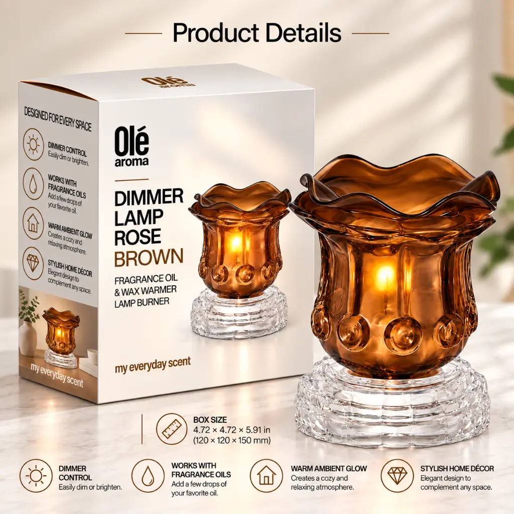 Ole Aroma Rose Brown electric dimmer oil warmer with retail-ready packaging and product specifications