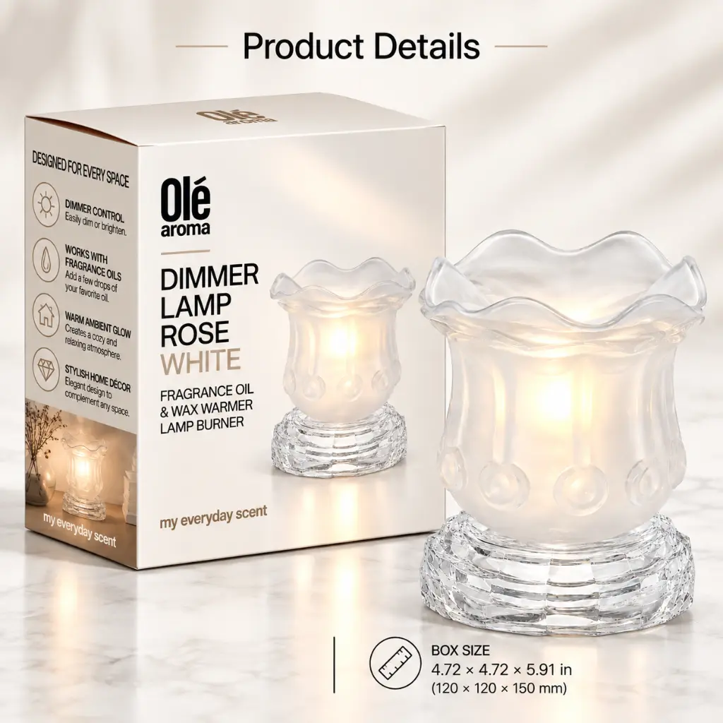 Ole Aroma Rose White electric dimmer oil warmer with retail-ready packaging and product specifications