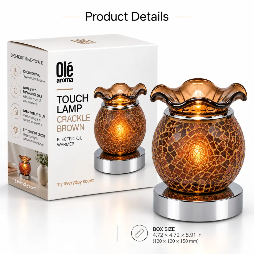 Ole Aroma Crackle Brown electric touch oil warmer with retail-ready packaging and product specifications