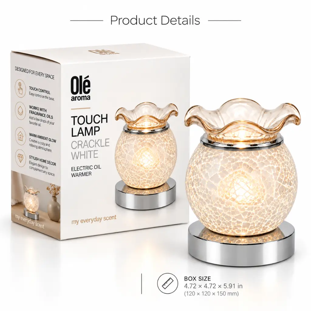 Ole Aroma Crackle White electric touch oil warmer with retail-ready packaging and product specifications