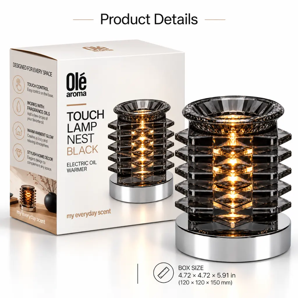 Ole Aroma Nest Black electric touch oil warmer with retail-ready packaging and product specifications