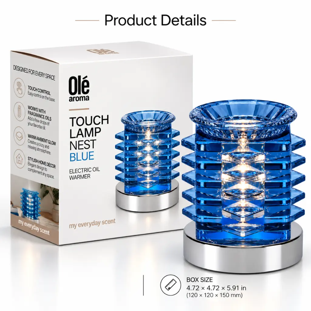 Ole Aroma Nest Blue electric touch oil warmer with retail-ready packaging and product specifications