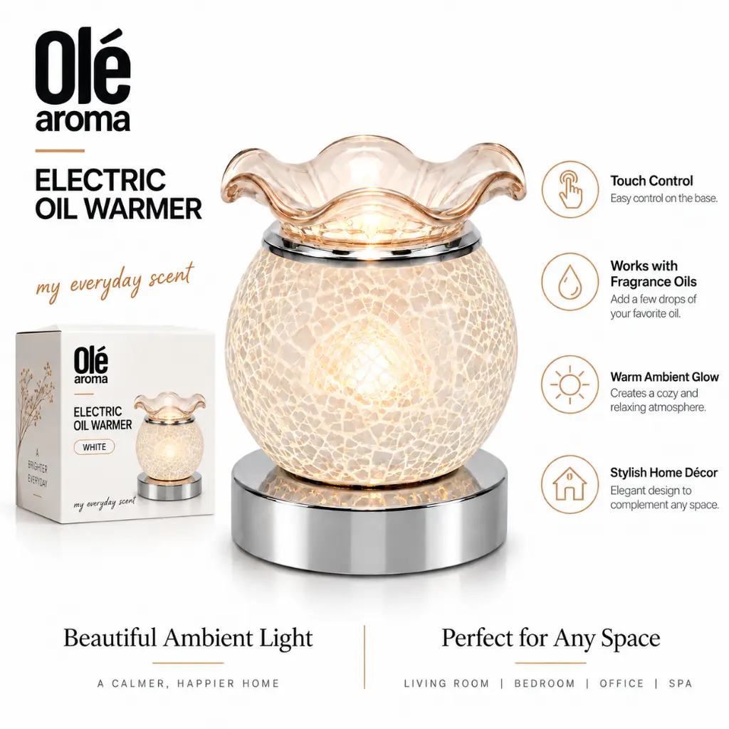Ole Aroma Crackle White electric touch oil warmer with three touch settings ambient light and 40W halogen bulb