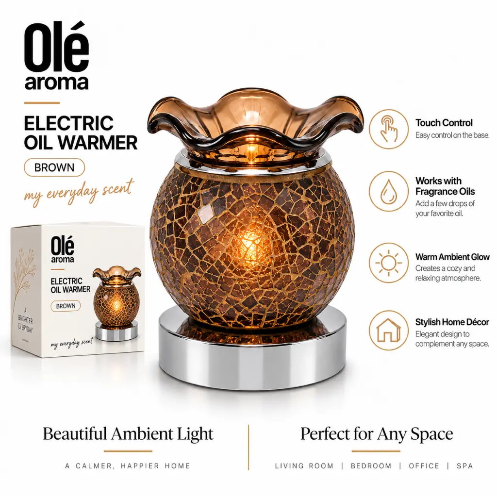 Ole Aroma Crackle Brown electric touch oil warmer with three touch settings ambient light and 40W halogen bulb