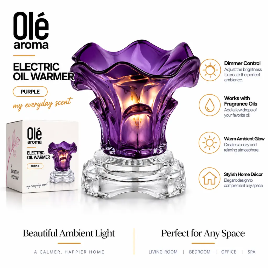 Ole Aroma Lily Purple electric dimmer oil warmer with adjustable dimmer ambient light and 40W halogen bulb