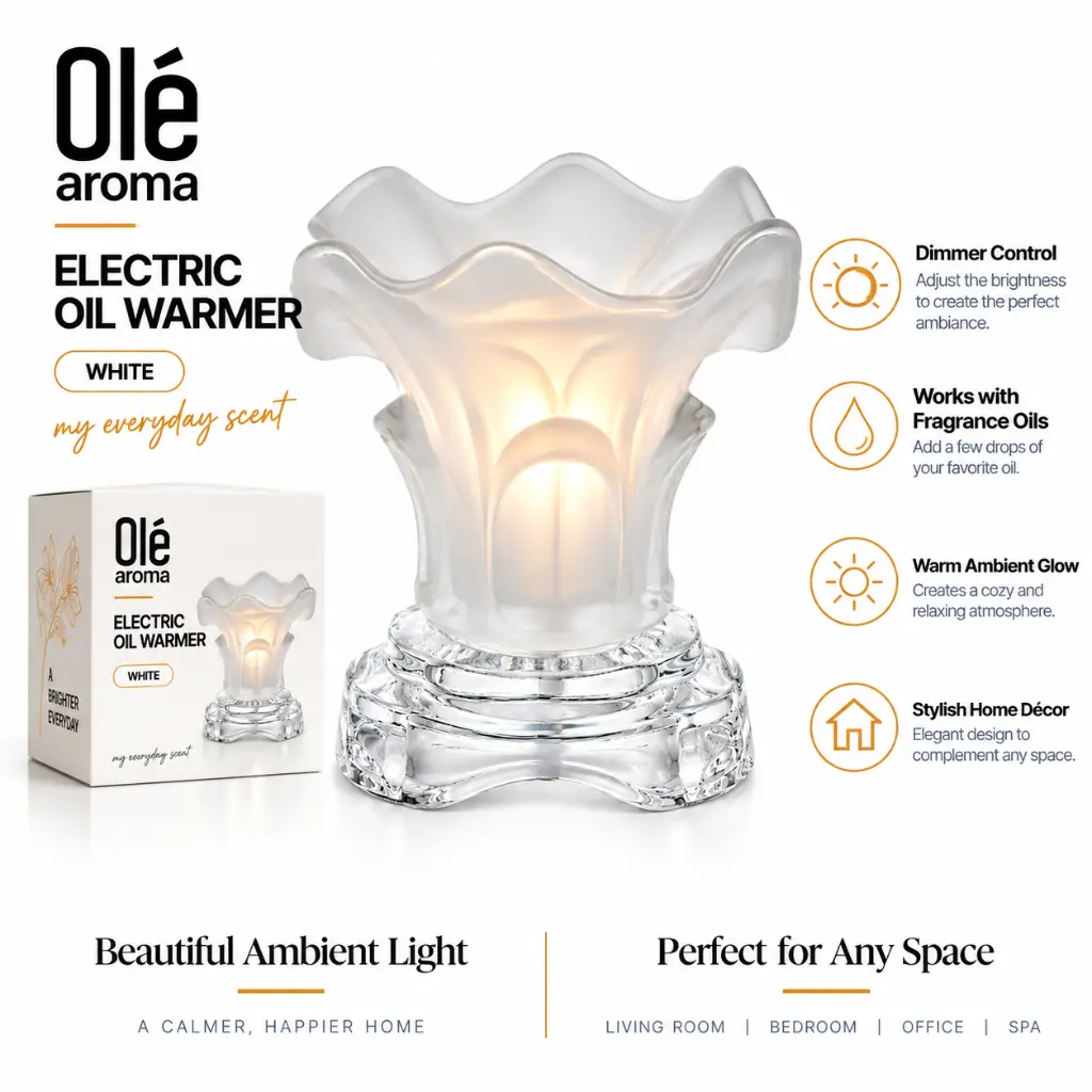 Ole Aroma Lily White electric dimmer oil warmer with adjustable dimmer ambient light and 40W halogen bulb