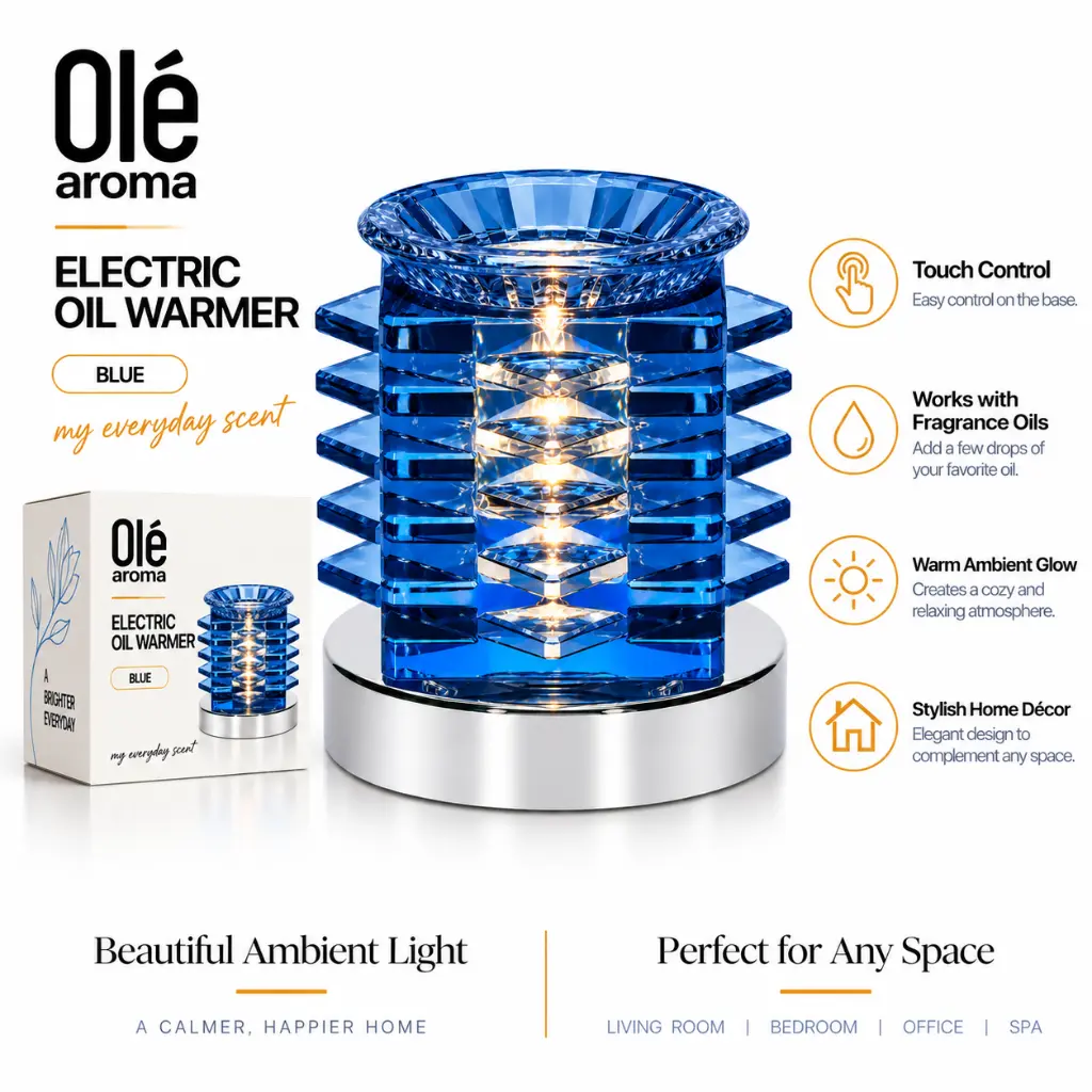 Ole Aroma Nest Blue electric touch oil warmer with three touch settings ambient light and 40W halogen bulb