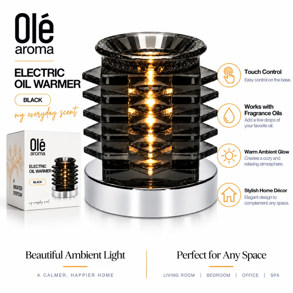 Ole Aroma Nest Black electric touch oil warmer with three touch settings ambient light and 40W halogen bulb