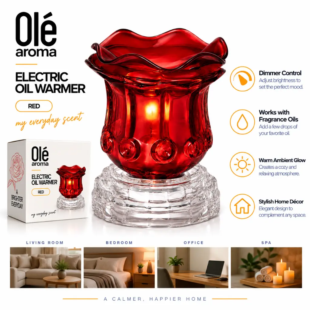 Ole Aroma Rose Red electric dimmer oil warmer with adjustable dimmer ambient light and 40W halogen bulb