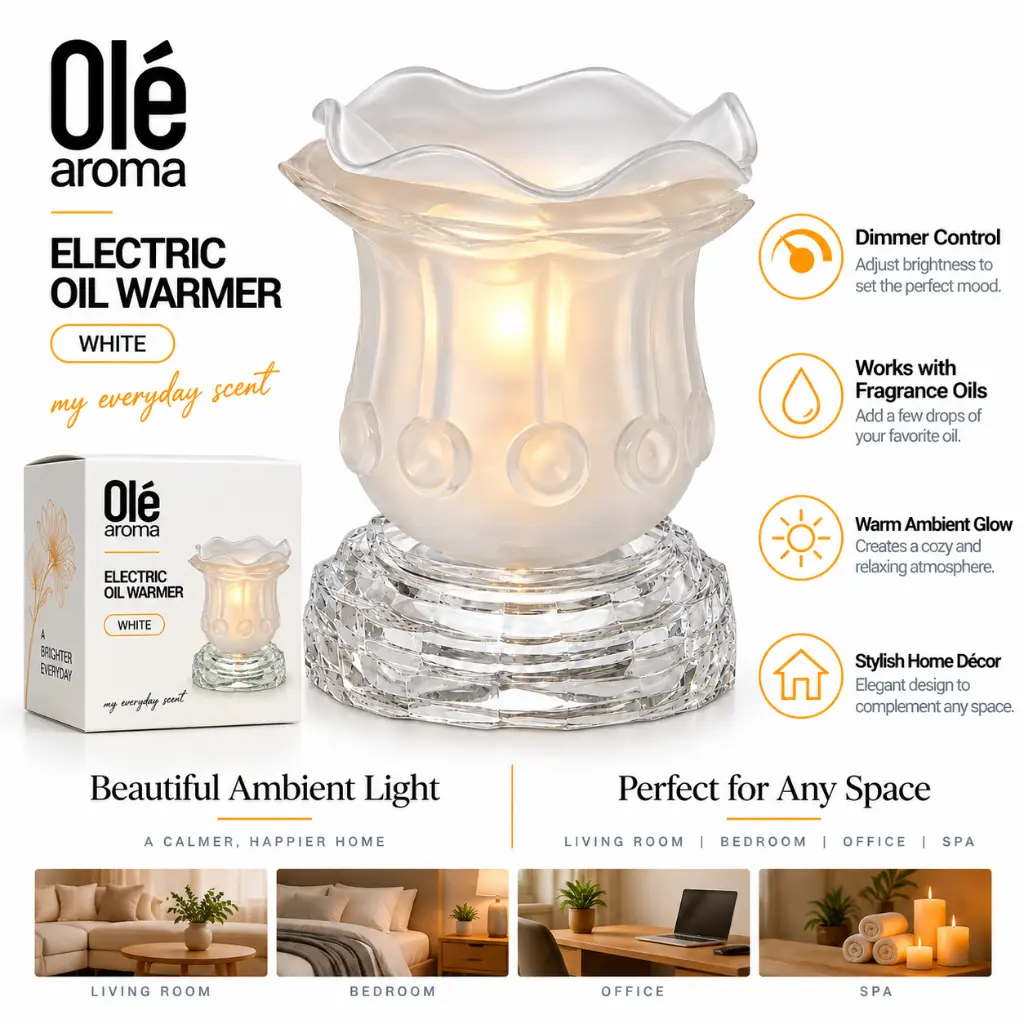 Ole Aroma Rose White electric dimmer oil warmer with adjustable dimmer ambient light and 40W halogen bulb
