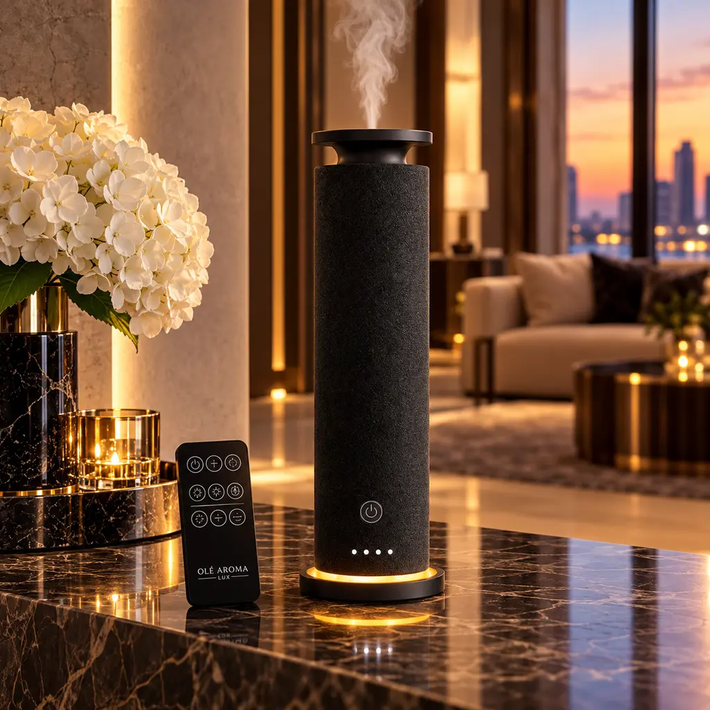 Ole Aroma LUX Tailor Black waterless fragrance diffuser with remote control and warm illuminated base displayed on a black marble table in a luxurious modern living room.