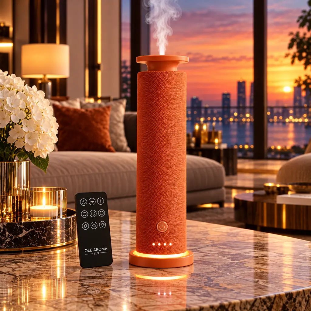 Ole Aroma LUX Tailor Orange waterless fragrance diffuser with remote control and glowing base displayed on an elegant marble table in a luxury living room overlooking a waterfront skyline at sunset.