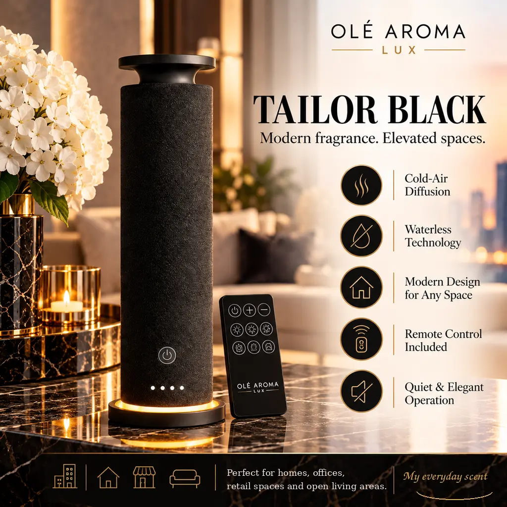 Ole Aroma LUX Tailor Black waterless fragrance diffuser with textured black finish, illuminated base, remote control, and premium cold-air diffusion features.