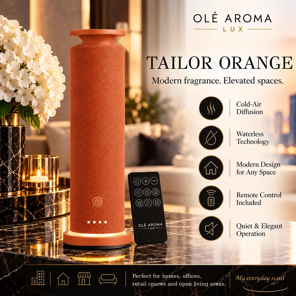 Ole Aroma LUX Tailor Nude waterless fragrance diffuser with textured cream finish, illuminated base, remote control, and premium cold-air diffusion features.