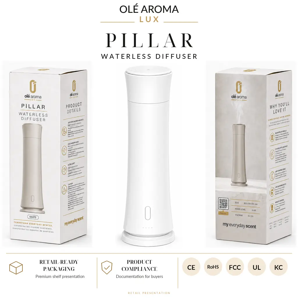 Ole Aroma LUX Pillar White waterless fragrance diffuser displayed between its matching retail-ready packaging boxes featuring branded product details and certification references.