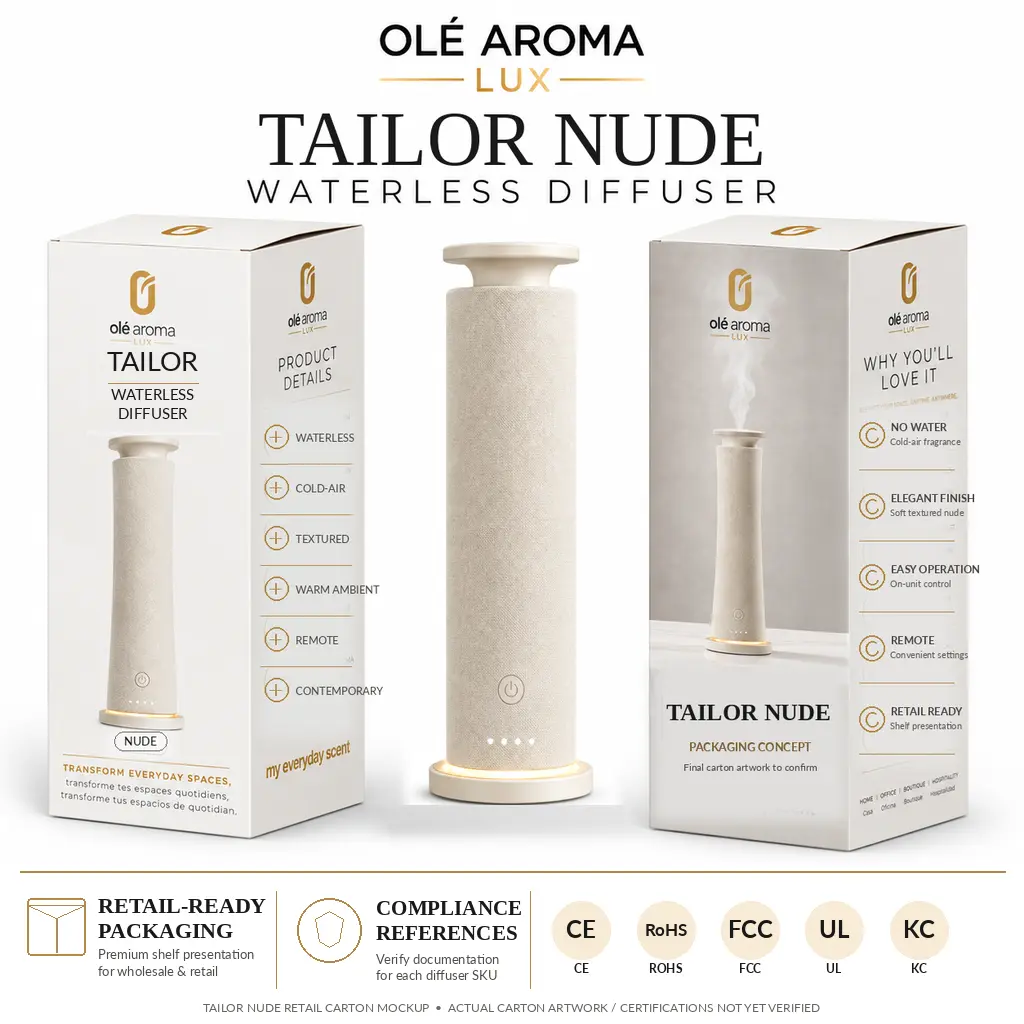 Ole Aroma LUX Tailor Nude waterless fragrance diffuser displayed between two coordinating retail packaging mockups with premium branded artwork and product information.