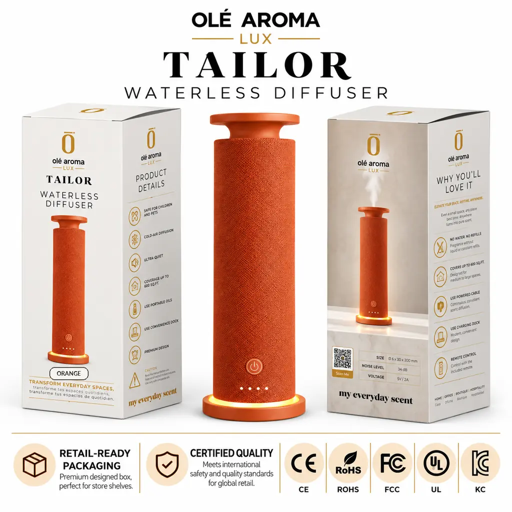 Ole Aroma LUX Tailor Orange waterless fragrance diffuser displayed between two matching retail packaging mockups with branded product artwork and premium orange textured design.