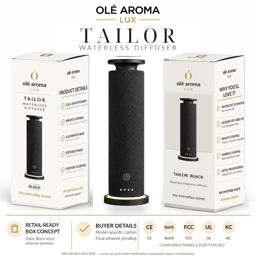Ole Aroma LUX Tailor Black waterless diffuser with textured black finish and warm illuminated base, displayed between matching retail packaging concept boxes.
